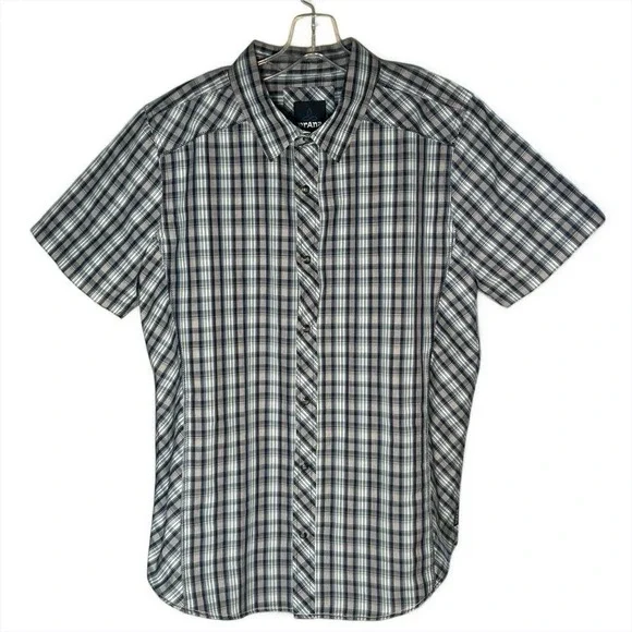 prAna Casual Short Sleeve Button Down Shirt Men's L Plaid Organic Cotton Blend - Picture 1 of 11